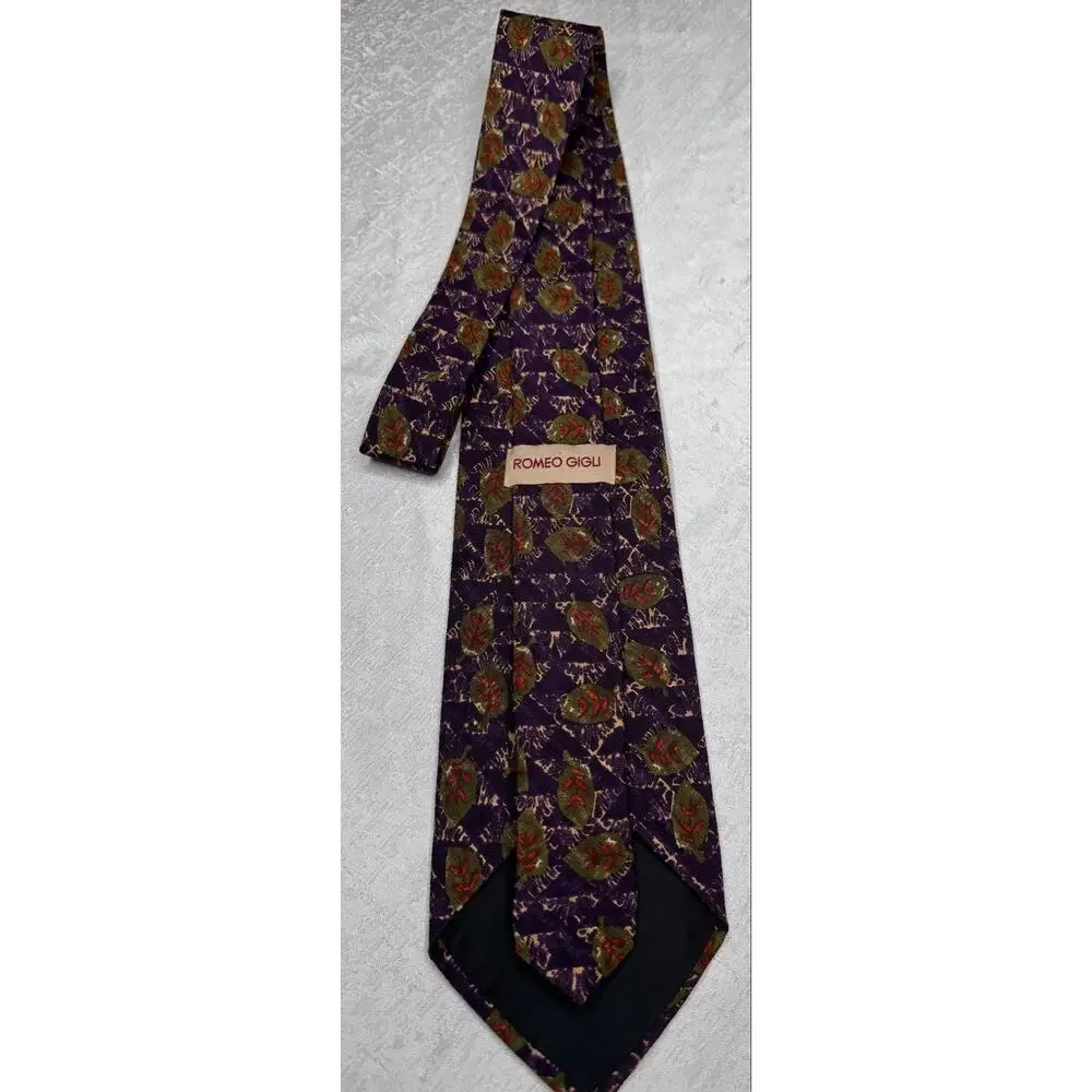 Vintage Romeo Gigli Silk Tie Purple Leaf Print Jacquard Made in Italy 4
